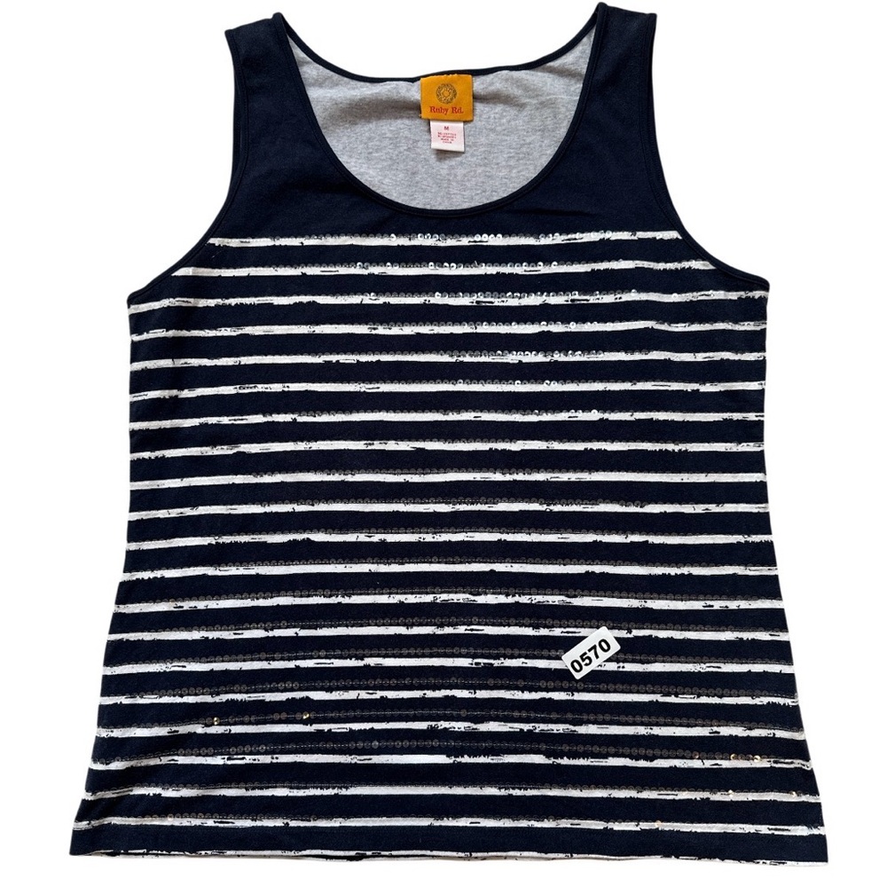 Ruby Rd. Navy and White Striped Top Women’s M sequins Bohemian Beach Travel